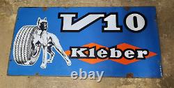 Plaque émaillée double face publicitaire Kleber V 10 boxer Pneu Vintage KE 60.71