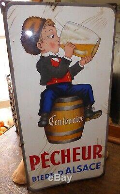 Plaque émaillée pécheur bière d'Alsace émaillerie Alsacienne Strasbourg