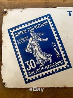 Plaque emaillee pub 1930 Timbre Philatélie Folie Mericourt Paris XI bombée