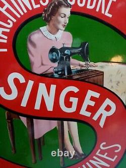 Plaque publicitaire ancienne émaillée 1953 Singer Bruxelle Grande Taille