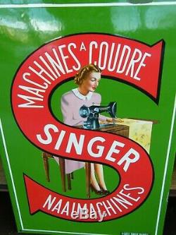 Plaque publicitaire en tôle émaillée Machines à Coudre Singer Ancienne