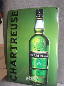 Plaque tole métal bombée bouteille chartreuse verte no émaillé enameled liqueur