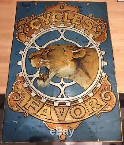 RARE grande tôle gaufrée CYCLES FAVOR 1910 vélo moto n bidon huile caisse garage