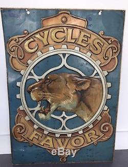 RARE grande tôle gaufrée CYCLES FAVOR 1910 vélo moto n bidon huile caisse garage