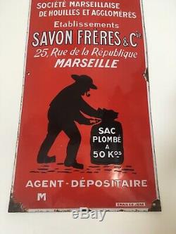 Rare Ancienne Plaque Émaillée Bombé Charbon Établissement Savon Frères Marseille