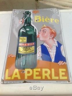 Rare Ancienne Plaque Emaillée Bombée Biere La Perle Pur Jus 1930