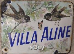 Rare Ancienne Plaque Emaillee De Villa Villa Aline Oiseaux Et Papillon 19eme