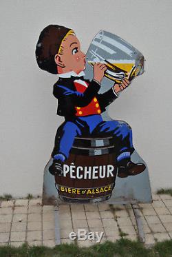 Rare enseigne FISCHER, bière du pêcheur, 1.55m émaillerie alsacienne Strasbourg