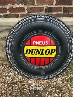 Rare et ancienne plaque émaillée Dunlop, ronde et bombée en forme de pneu