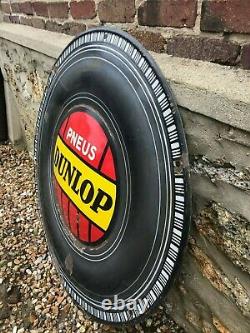 Rare et ancienne plaque émaillée Dunlop, ronde et bombée en forme de pneu