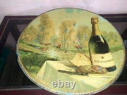 Rare plateau décoratif Moet & Chandon C. 1920 Tole lithographie Champagne Chasse