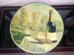 Rare plateau décoratif Moet & Chandon C. 1920 Tole lithographie Champagne Chasse