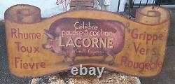 Rare tôle publicitaire enseigne Peinte Cochon Lacorne Plaque Émaillée 98cm