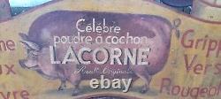 Rare tôle publicitaire enseigne Peinte Cochon Lacorne Plaque Émaillée 98cm