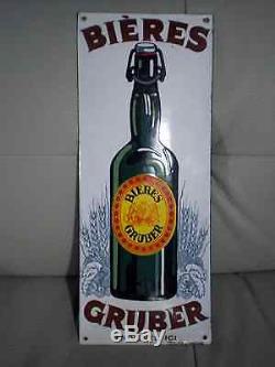 Superbe et très rare plaque émaillée bière Gruber Alsace la bouteille