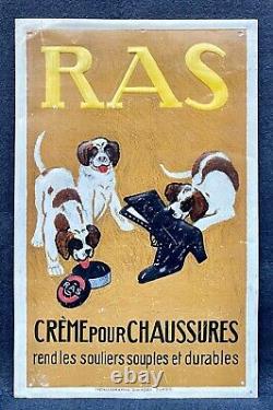 Tôle lithographiée 1910 Cirage RAS / Crème pour Chaussures / Chiens / Chiots