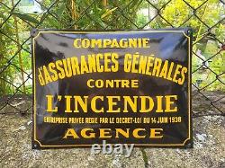 Très Belle Plaque Emaillée Bombée Compagnie D'assurances Generales Incendies