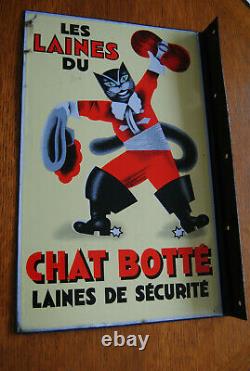 Tres Rare Plaque Emaillee Ancienne Eas Double Face Chat Botte