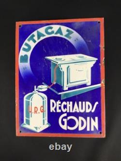 Très rare plaque publicitaire émaillée ancienne réchauds Godin U. R. G. Butagaz