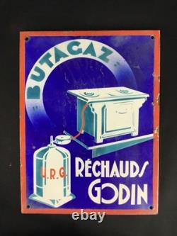 Très rare plaque publicitaire émaillée ancienne réchauds Godin U. R. G. Butagaz